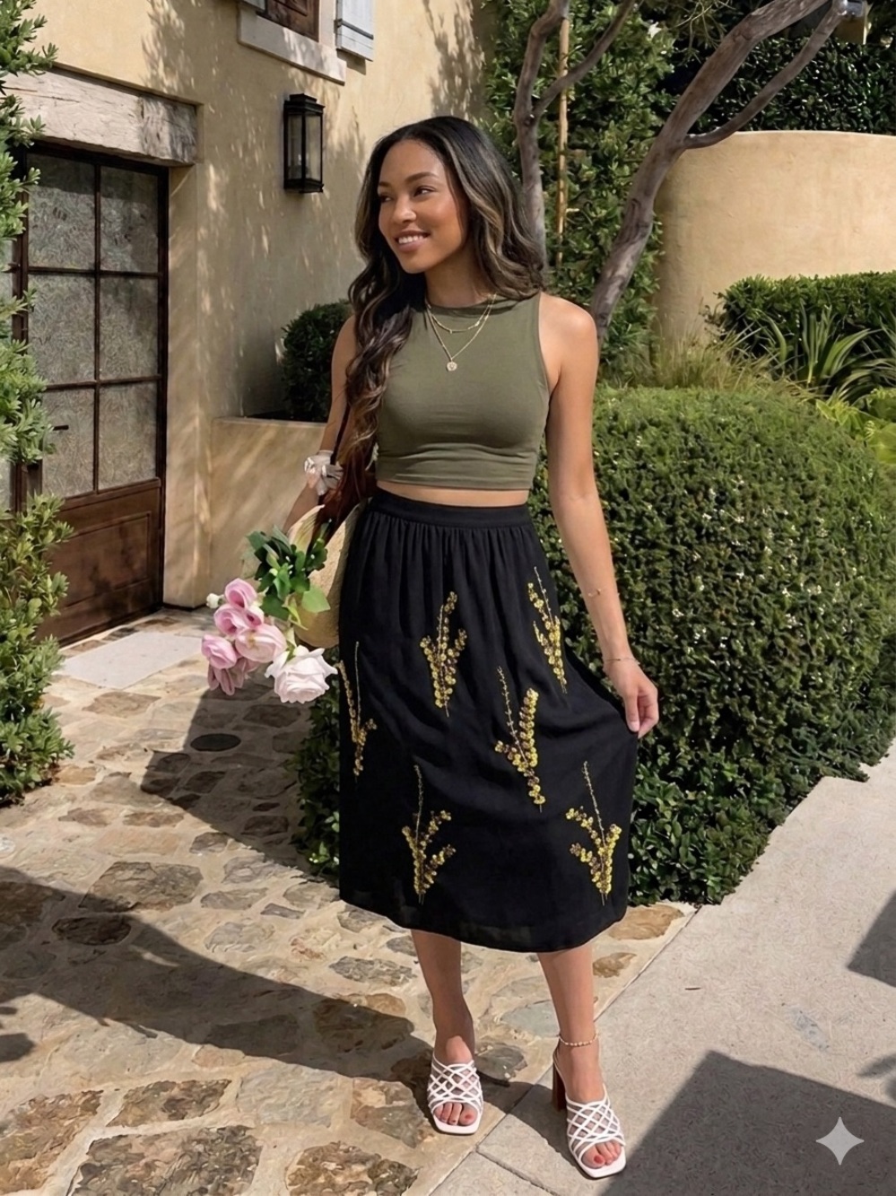 Beaded Black Skirt with Yellow Accents